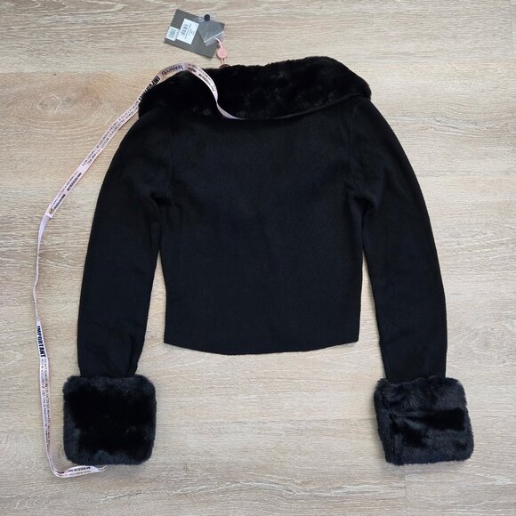 House of CB Blanche Black Faux Fur Trim Cropped Cardigan Medium New With Tags - Picture 11 of 17